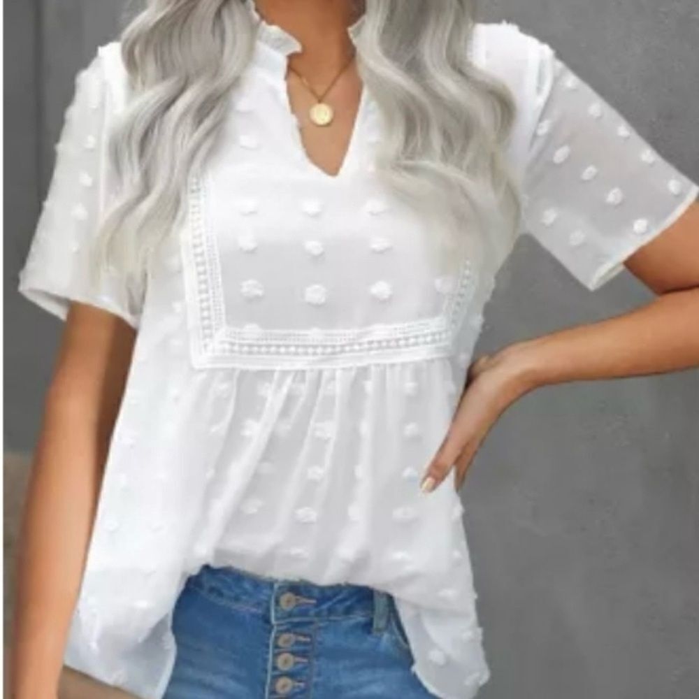🔴2 for 40🔴 Boutique top in white & babydoll Swiss dot short-sleeves & crochet S.